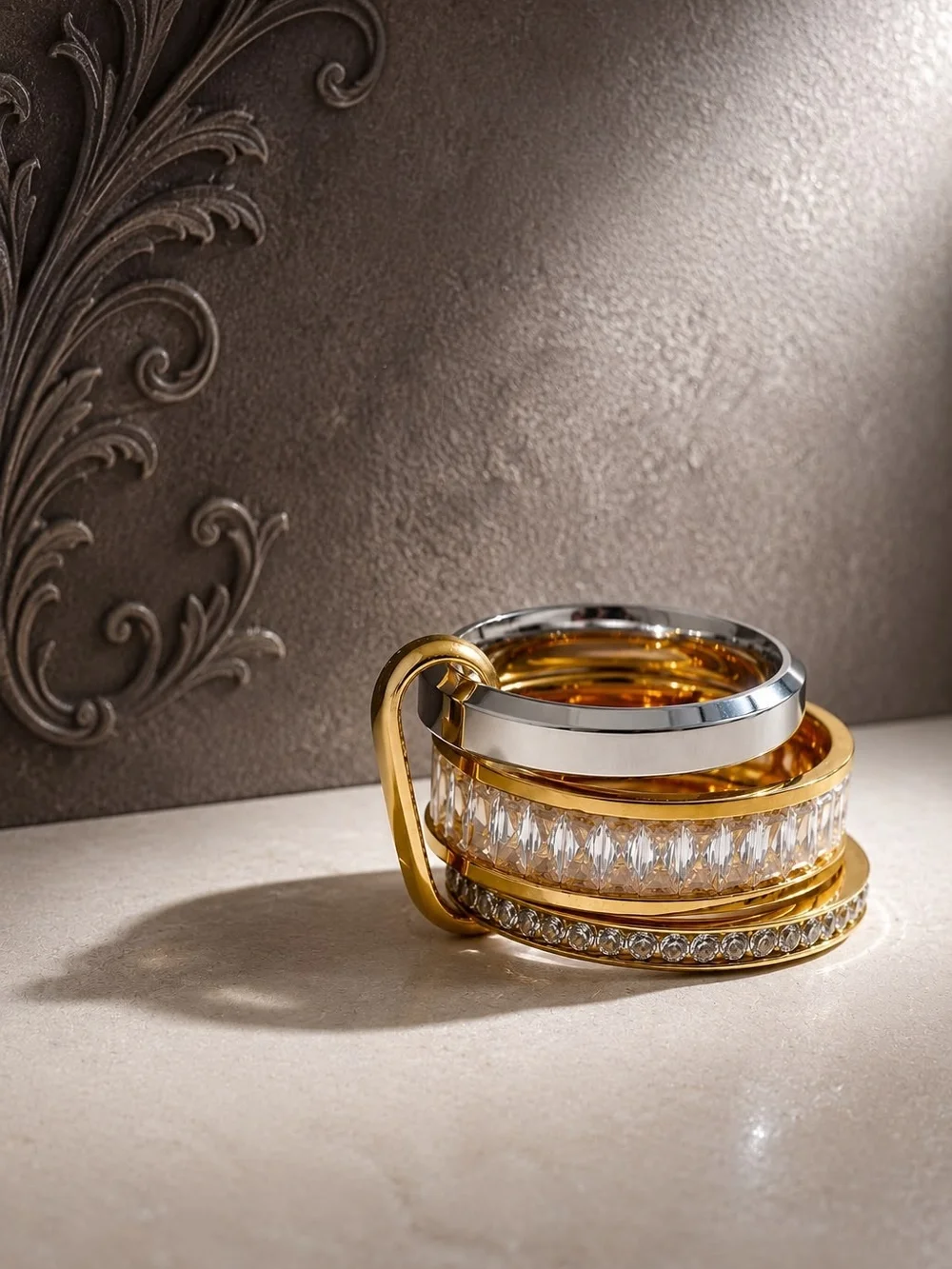 Gold and Silver Multi-Band Crystal Ring